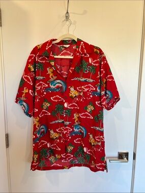 Red Tropical Santa Print Short-Sleeve Button-Down Shirt